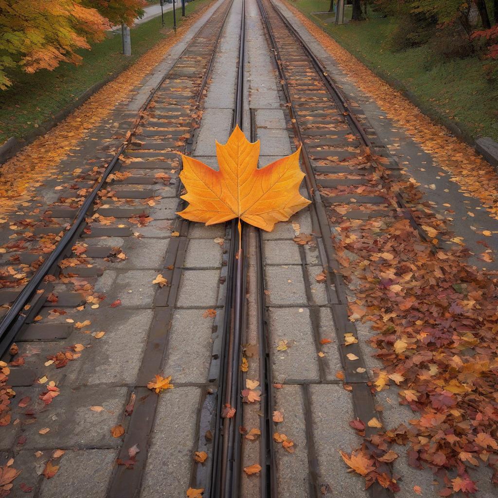  a large autumn maple leaf lies on a streetcar track.