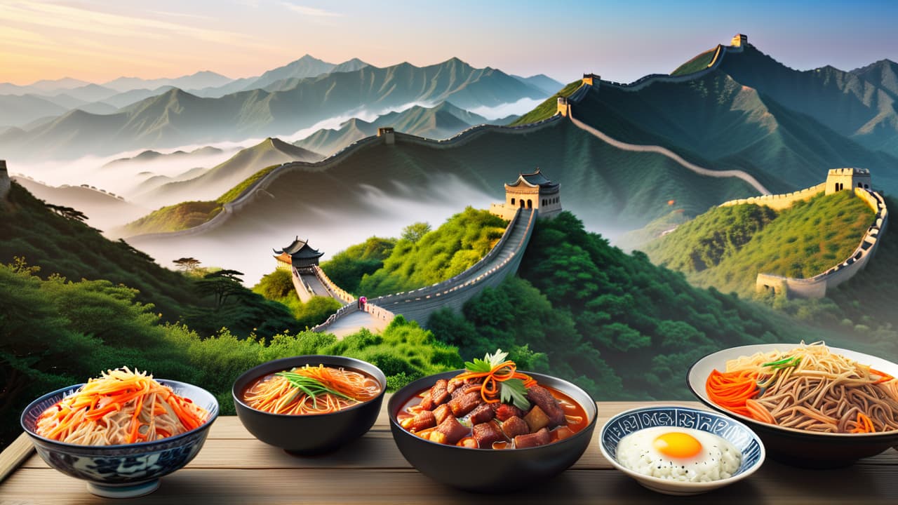  @ image prompt: a harmonious collage depicting the interconnectedness of chinese culture, food, landscapes, and history, featuring traditional chinese dishes, scenic landscapes like the great wall and rice terraces, cultural artifacts such as calligraphy and pottery, and people engaging in communal meals and celebrations, all blended together in a vibrant and colorful composition. hyperrealistic, full body, detailed clothing, highly detailed, cinematic lighting, stunningly beautiful, intricate, sharp focus, f/1. 8, 85mm, (centered image composition), (professionally color graded), ((bright soft diffused light)), volumetric fog, trending on instagram, trending on tumblr, HDR 4K, 8K