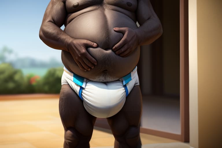  elderly, male, dog, round belly, wearing a diaper, standing up, holding belly, by lundo, open eyes, masterpiece, 4k, fine details,