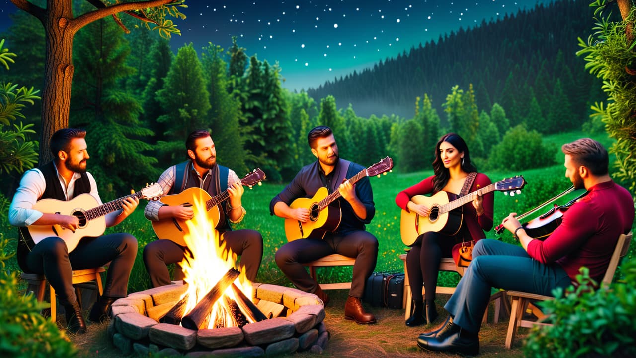  a rustic scene featuring a cozy campfire, surrounded by diverse musicians playing acoustic instruments like a banjo, guitar, and fiddle, with a starry night sky above and lush greenery in the background. hyperrealistic, full body, detailed clothing, highly detailed, cinematic lighting, stunningly beautiful, intricate, sharp focus, f/1. 8, 85mm, (centered image composition), (professionally color graded), ((bright soft diffused light)), volumetric fog, trending on instagram, trending on tumblr, HDR 4K, 8K