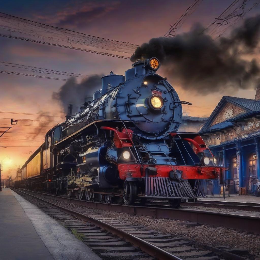  vintage super steam locomotive in the blue twilight at the railroad station.