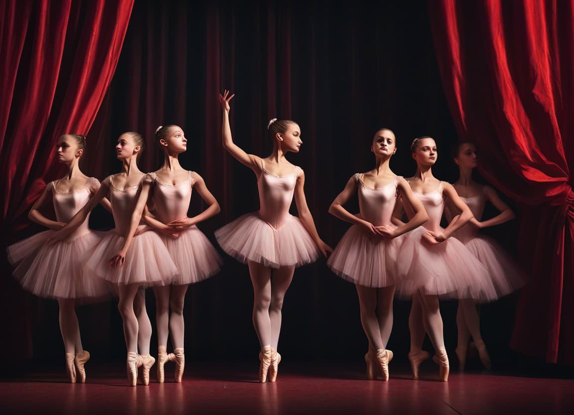  ballerinas miss the dark stage of the theater against the background of the red curtain