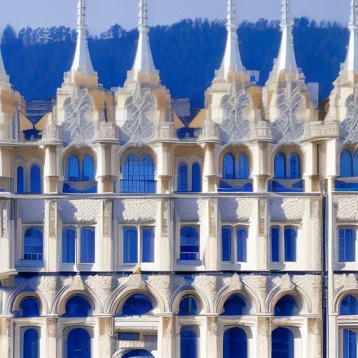 dvarchmodern white castle, blue roofs, many towers, fantasy, middle ages