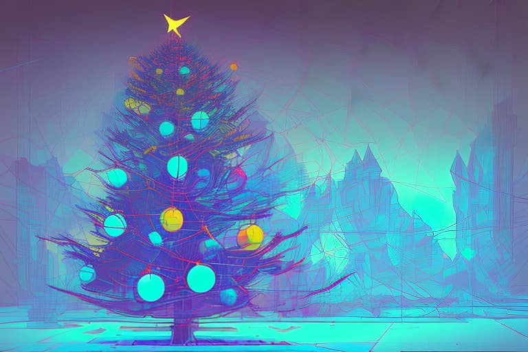 nvinkpunk christmas tree with three blue balls, (surrealism), dreamlike , distorted , abstract , symbolic