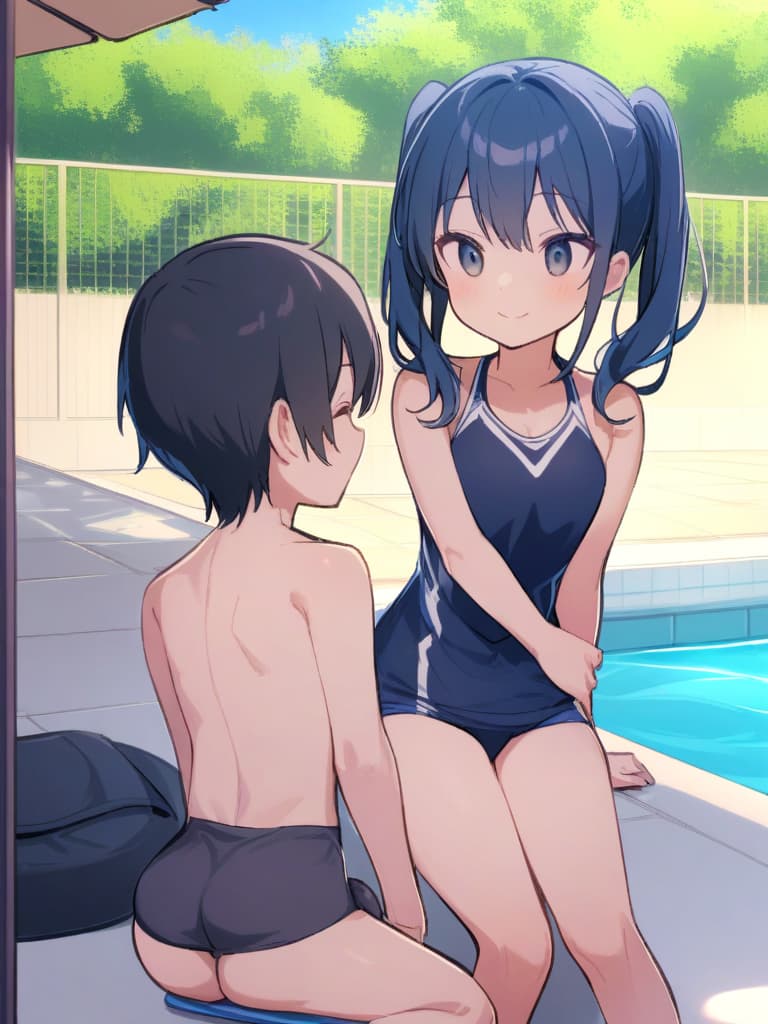  women's elementary students (with male), twin tails, cute smiles, rich s, low stature, dark blue swimwear, old swimwear, , simple, , area,, and, male (bulge), front, whole body, pool side ,,,