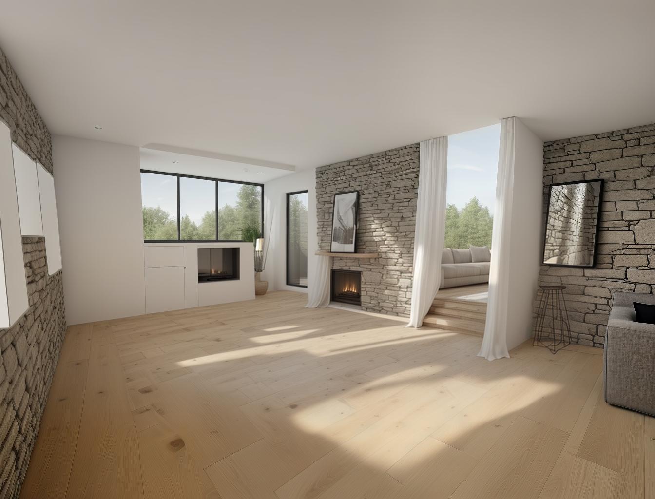  produce a photorealistic rendering of a modern interior with a stone wall as a focal point, complemented by wooden flooring and large windows. add a sleek, modern sofa and minimalist furniture that reflects a contemporary style, creating a space that feels both rustic and sophisticated.