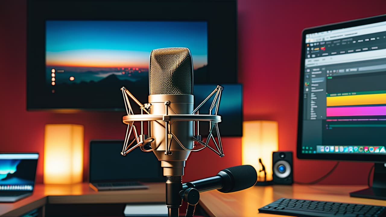  a well organized podcasting setup featuring a dynamic microphone on a boom arm, headphones resting on a desk, a laptop displaying audio editing software, and colorful soundproofing panels on the walls. hyperrealistic, full body, detailed clothing, highly detailed, cinematic lighting, stunningly beautiful, intricate, sharp focus, f/1. 8, 85mm, (centered image composition), (professionally color graded), ((bright soft diffused light)), volumetric fog, trending on instagram, trending on tumblr, HDR 4K, 8K