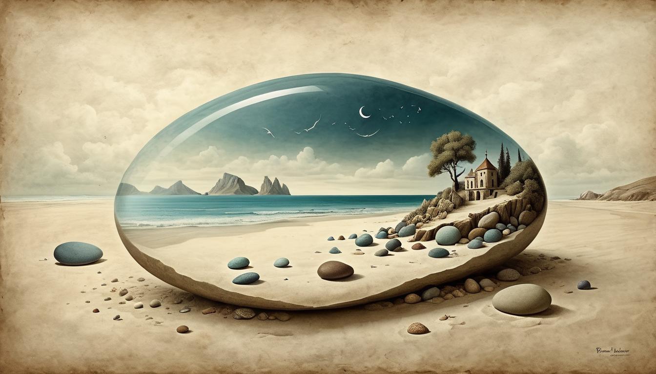  on parchment, surrealism+++, an insignificant pebble on a vast beach, small, easily overlooked, pervasive calm, indifferent surroundings(mysterious, provocative, symbolic,muted color)+++