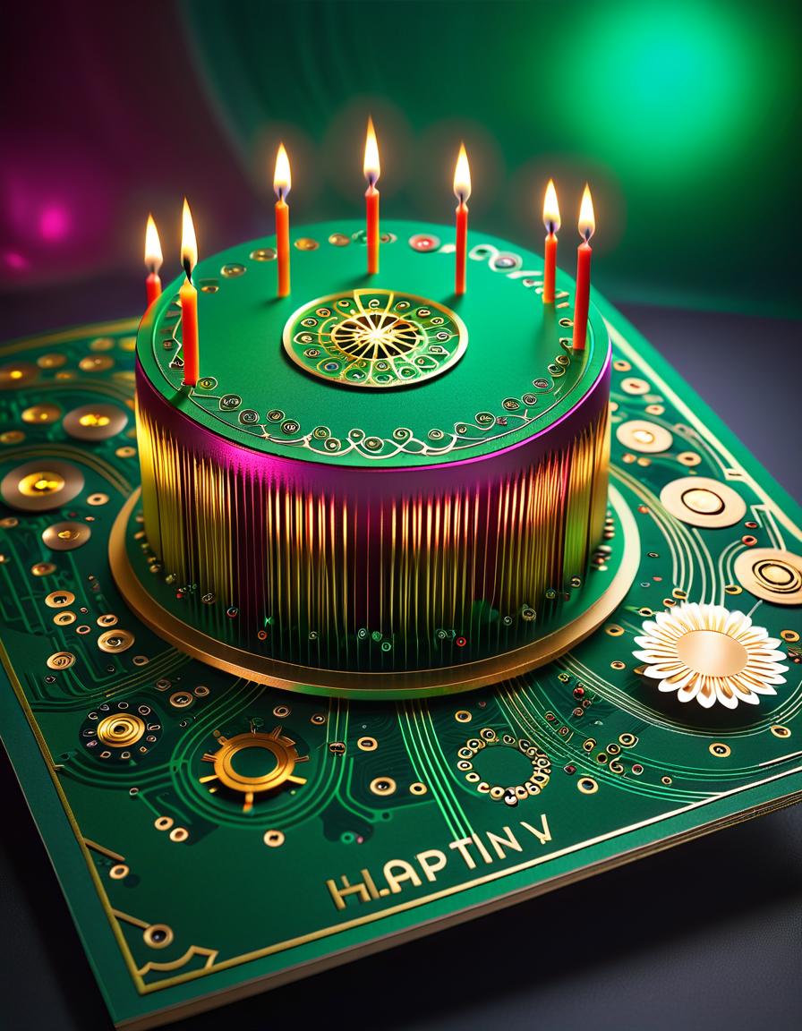  ethereal fantasy concept art of (birthday greeting card:1.5), card design: green background with (decorated with electronics style pcb tracks ). in the center of the card is a flower shaped computer processor, there is an inscription on top of the postcard text "microelectronics", (computer processor:1,1), (led:1,2), led color:golden, silvery white, burgundy, green. (style) :fantasy, design art, retro, postcards. . magnificent, celestial, ethereal, painterly, epic, majestic, magical, fantasy art, cover art, dreamy, hkmagic, text hyperrealistic, full body, detailed clothing, highly detailed, cinematic lighting, stunningly beautiful, intricate, sharp focus, f/1. 8, 85mm, (centered image composition), (professionally color graded), ((bright soft diffused light)), volumetric fog, trending on instagram, trending on tumblr, HDR 4K, 8K