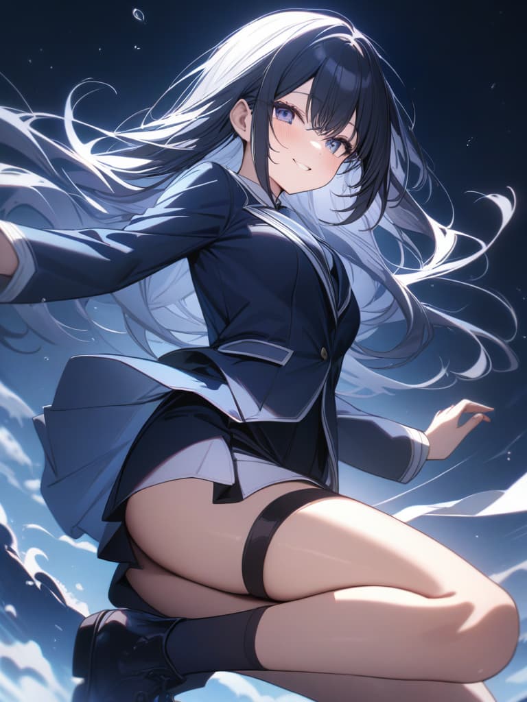  smile girl, dark blue blazer, uniform, mini , long hair, cute, dark blue high socks, masterpieces, fluctuations in the wind, jumping, masterpiece, best quality,8k,ultra detailed,high resolution,an extremely delicate and beautiful,hyper detail