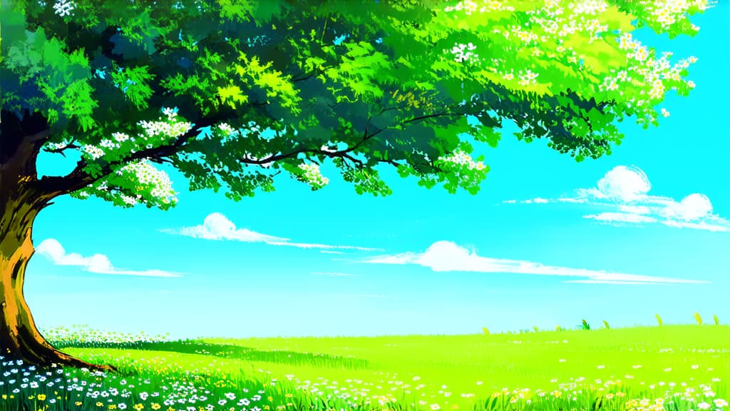  flat illustration, flaticon, (illustration:1.15), light photo in green tones, spring, everything is blooming and coming to life, wallpaper, flowers in the foreground, blue sky ar 16:9, [cory loftis, strobist, pascal campion :: 0.2]