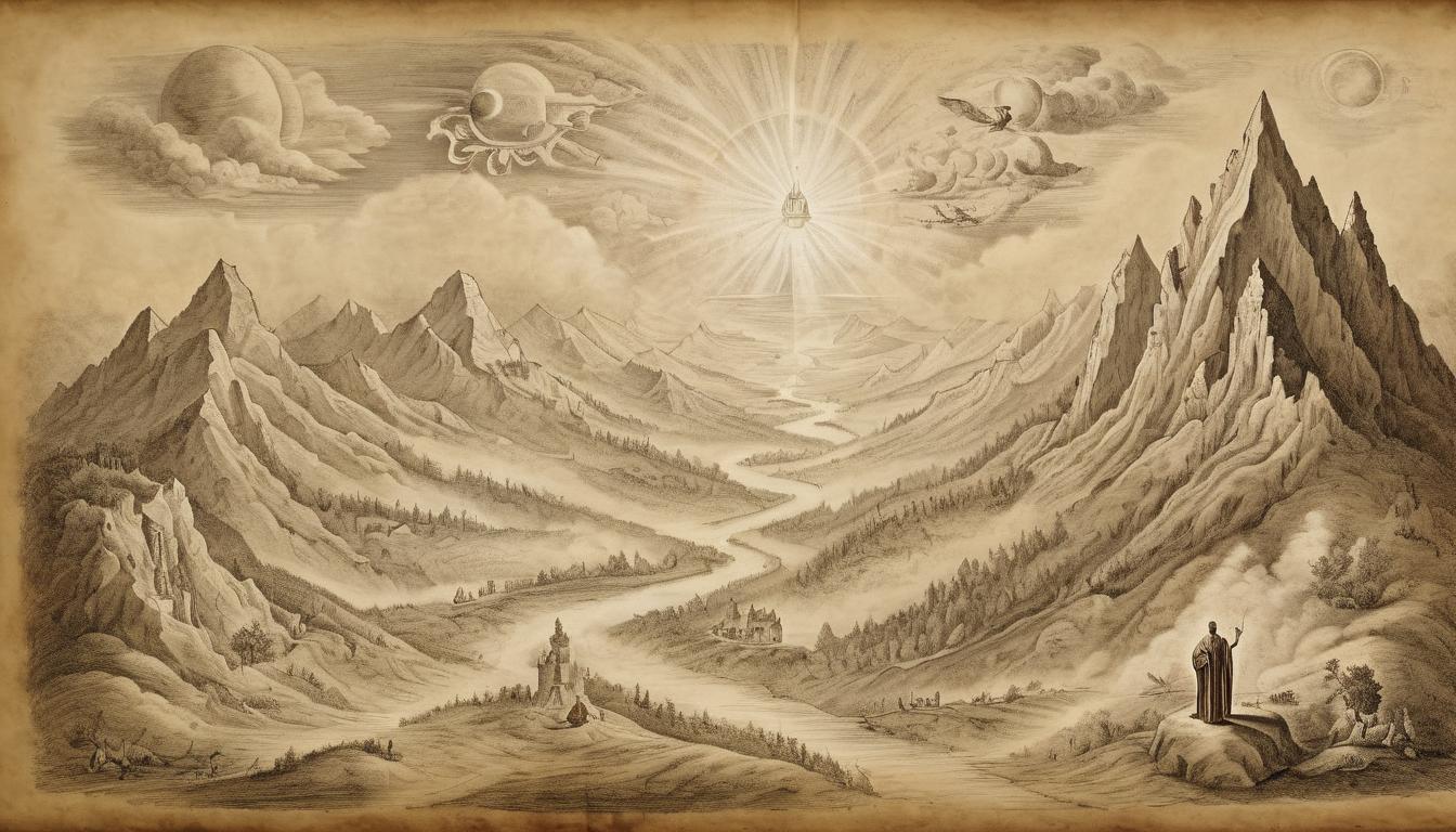  on parchment, surrealism++, god transforming challenges, mountains into pathways, obstacles uplifted by divine power, celestial light beams, omnipotence, majesty, invincibility(mysterious, provocative, symbolic)++