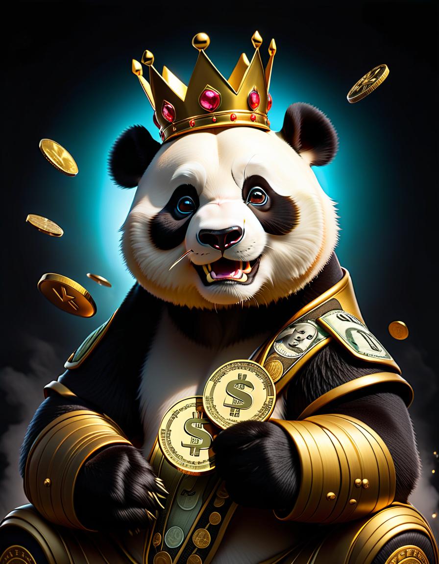  create a picture of the dollar rate rising and falling in gold color in the center a cartoon brutal panda with a crown on his head with a coin in his hand on the sides up and down arrows on a black background hyperrealistic, full body, detailed clothing, highly detailed, cinematic lighting, stunningly beautiful, intricate, sharp focus, f/1. 8, 85mm, (centered image composition), (professionally color graded), ((bright soft diffused light)), volumetric fog, trending on instagram, trending on tumblr, HDR 4K, 8K