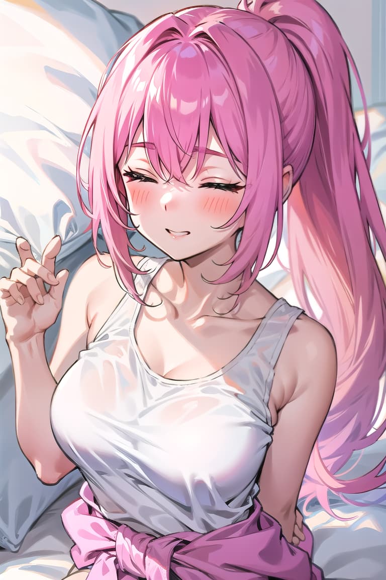  r 18, , middle , pink haired ,ponytail,large eyes,A woman, alone in her bedroom, lies on her bed, eyes closed, a soft smile on her flushed face. She wears a loose white tank top, baring her shoulders, and her hands gently explore her body, one on her , the other hidden beneath the sheets, tracing her waist