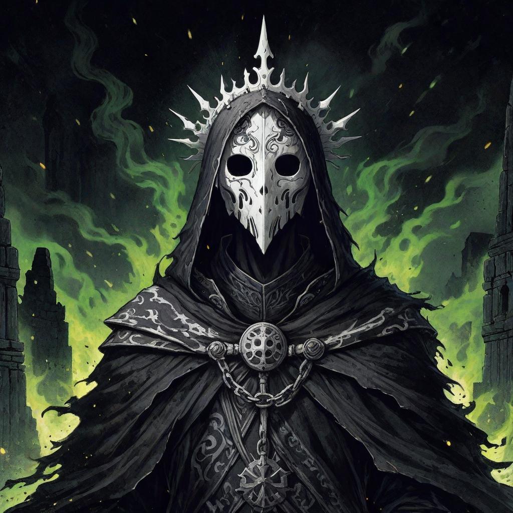  manga artwork dark figure with a ornamented black tunic, white bone mask and a white bone crown. the background has stone ruins and green flames. rpg anime style . manga artist. manga, highly emotional. best quality, high resolution