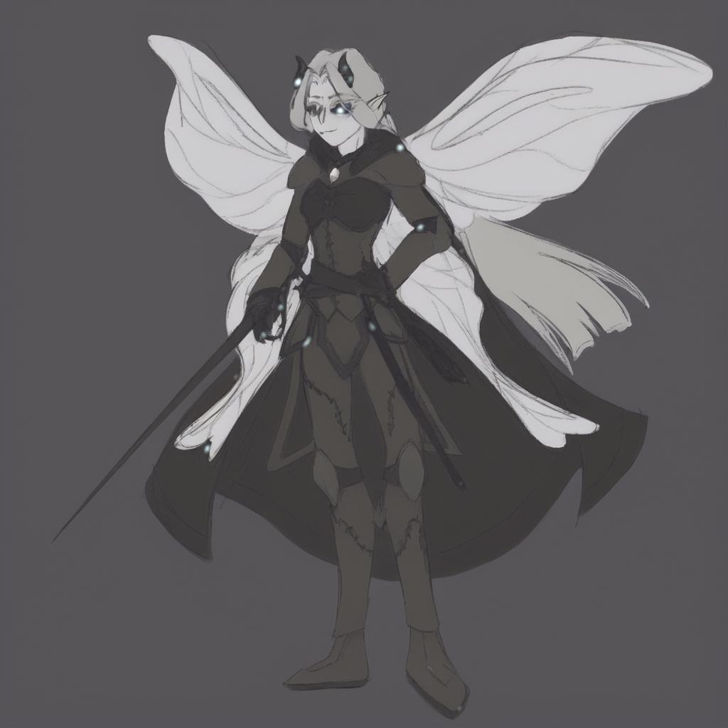  dnd, young , small black horns on the head, white skin, white hair, long hair in the tail, pointed elven ears, white wings of a moth, black leather armor, pearl on the , hkmagic