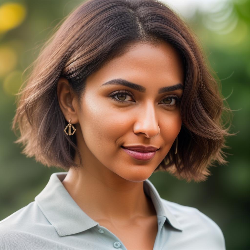  (((realistic full torso frontal head shot of a light brown to medium brown skin tone woman))), gita nisha sumanian, ((indian heritage)), immature face, hazel eye color, ((short hair style)), (( hair color)), (( body type)), small size, small size, (immature straight nose), (immature prominent cheekbones), (immature smooth jawline), (immature full lips), (immature broad forehead), (immature even eyebrows), (immature dimpled chin), standing straight looking directly into the camera,((wearing fitted polo shirt with deep v neck and monogrammed pocket)), backyard in background, 1girl, best quality, highest quality, award winning photo, masterpiece, raw, professional photography, photorealism, sharp focus, cinema hyperrealistic, full body, detailed clothing, highly detailed, cinematic lighting, stunningly beautiful, intricate, sharp focus, f/1. 8, 85mm, (centered image composition), (professionally color graded), ((bright soft diffused light)), volumetric fog, trending on instagram, trending on tumblr, HDR 4K, 8K