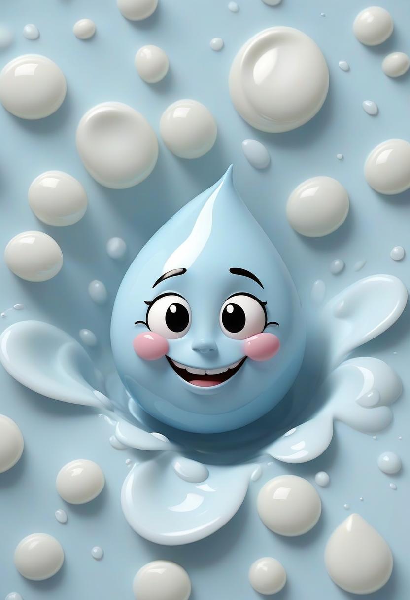  3d illustration of a droplet with a happy face sitting in a milky ripple with an expansive environmental background and small petals floating in milky creme, light blue hue, modern, simple