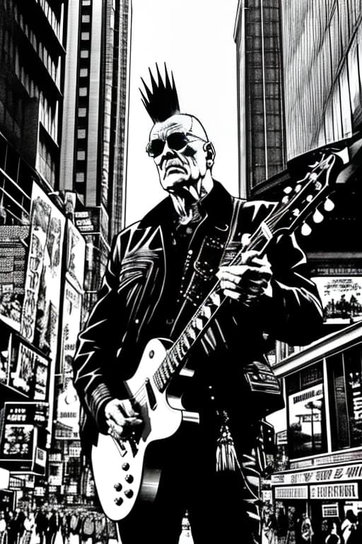  old man Punk rock artist with a mohawk Liberty spike plays the guitar at a concert floor view, dynamic perspective, wide angle, grunge style, draw, comics art, Sketch, Manga Sketch, Pencil drawing, Black and White, Manga, Manga style, Low detail, Line art, vector art, Monochromatic, by katsuhiro otomo and masamune shirow and studio ghilibi and yukito kishiro hyperrealistic, full body, detailed clothing, highly detailed, cinematic lighting, stunningly beautiful, intricate, sharp focus, f/1. 8, 85mm, (centered image composition), (professionally color graded), ((bright soft diffused light)), volumetric fog, trending on instagram, trending on tumblr, HDR 4K, 8K
