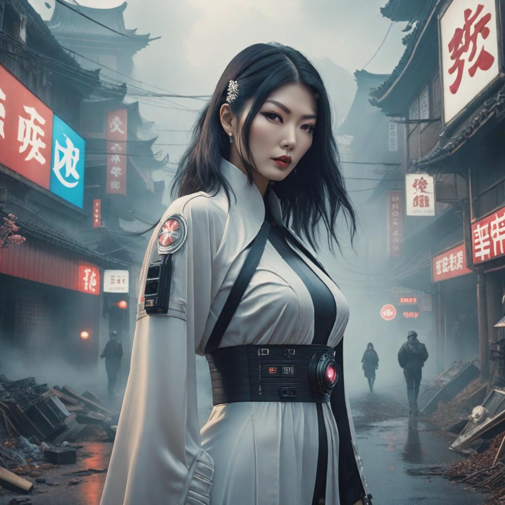  album cover inspire by proem and aphex twin with a slight dystopian feel. extremely beautiful asian lady., ((anime)) hyperrealistic, full body, detailed clothing, highly detailed, cinematic lighting, stunningly beautiful, intricate, sharp focus, f/1. 8, 85mm, (centered image composition), (professionally color graded), ((bright soft diffused light)), volumetric fog, trending on instagram, trending on tumblr, HDR 4K, 8K