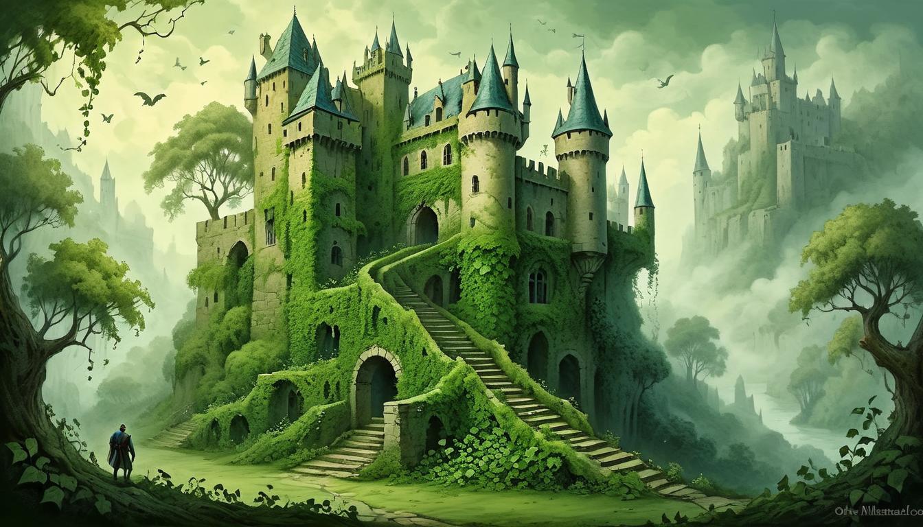  on parchment, surrealism+++, climbing ivy on ancient castle, ascending vines, overgrowth, towering ascent, unstoppable, pervasive, green(mysterious, provocative, symbolic,muted color)+++