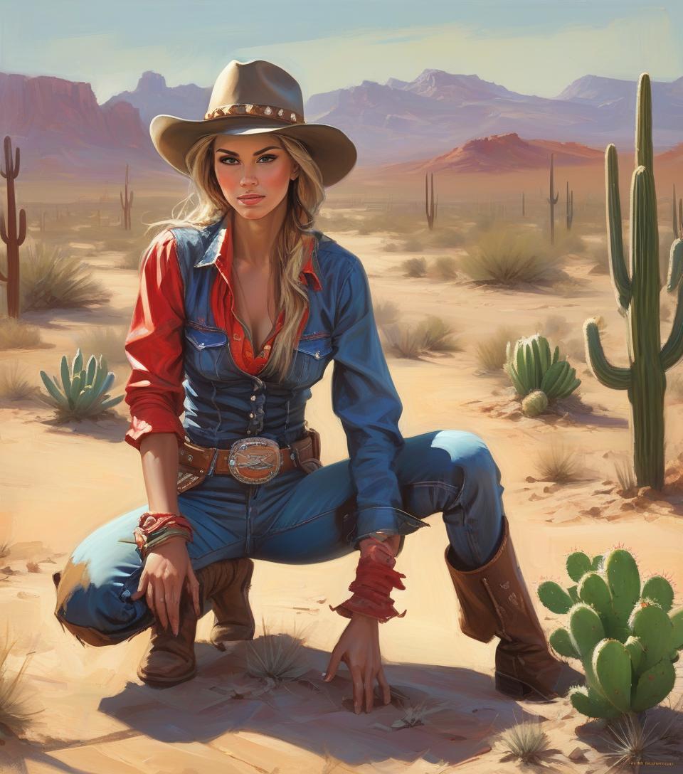  abstract expressionist painting arafed woman in cowboy outfit kneeling in desert with cactus, female cowgirl, by mort künstler, by magali villeneuve, by pamela ascherson, highly detailed digital painting, cowgirl, western art, in stunning digital paint, western cowgirl, realistic digital painting, smiling woman, photorealistic digital painting, ultradetailed digital painting . energetic brushwork, bold colors, abstract forms, expressive, emotional