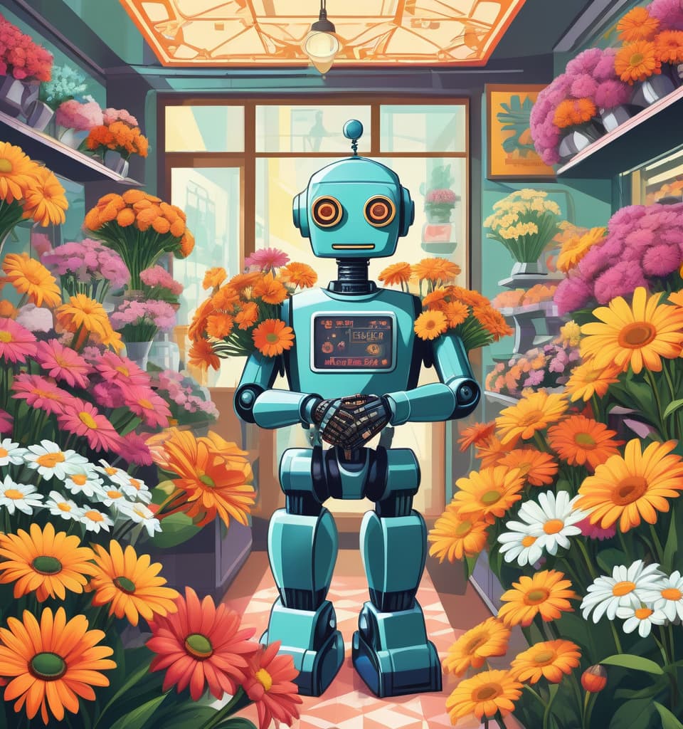  art deco style a humorous illustration. body language, bright colors, cartoon style. robot seller in a flower shop, makes bouquets of digital daisies, in the background there are many bouquets of flowers . geometric shapes, bold colors, luxurious, elegant, decorative, symmetrical, ornate, detailed