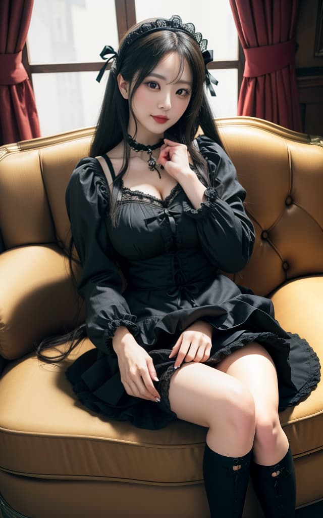  (32K, Real, RAW development, Best image quality: 1.4))), (((Beautiful big eyes, Double eyelids))), (((Actress: Nozomi Honda,))), (((Full face smile))), (Black hair), (Wavy long hair))), (Delicate and beautiful eyes: 1. 3)), (((Perfect human body structure))), (((Natural light))), (((( Gothic Lolita fashion))), (((mini skirt))), (((panties down to the knee))), (((on an antique luxury sofa))) hyperrealistic, full body, detailed clothing, highly detailed, cinematic lighting, stunningly beautiful, intricate, sharp focus, f/1. 8, 85mm, (centered image composition), (professionally color graded), ((bright soft diffused light)), volumetric fog, trending on instagram, trending on tumblr, HDR 4K, 8K