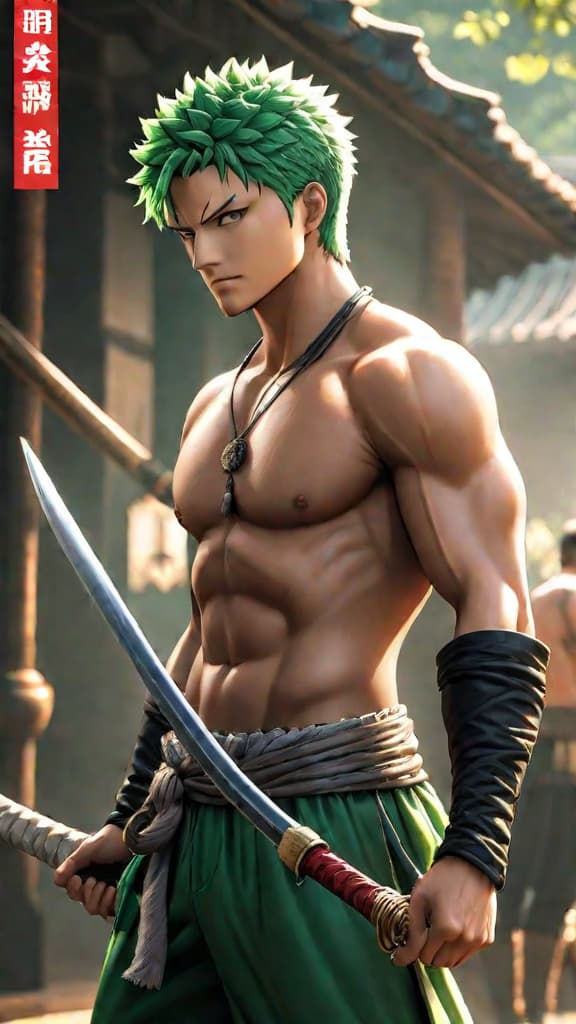  anime art: zoro's training reveals subtle hints of asura with spectral aura, three faces, and six arms. hyperrealistic, full body, detailed clothing, highly detailed, cinematic lighting, stunningly beautiful, intricate, sharp focus, f/1. 8, 85mm, (centered image composition), (professionally color graded), ((bright soft diffused light)), volumetric fog, trending on instagram, trending on tumblr, HDR 4K, 8K