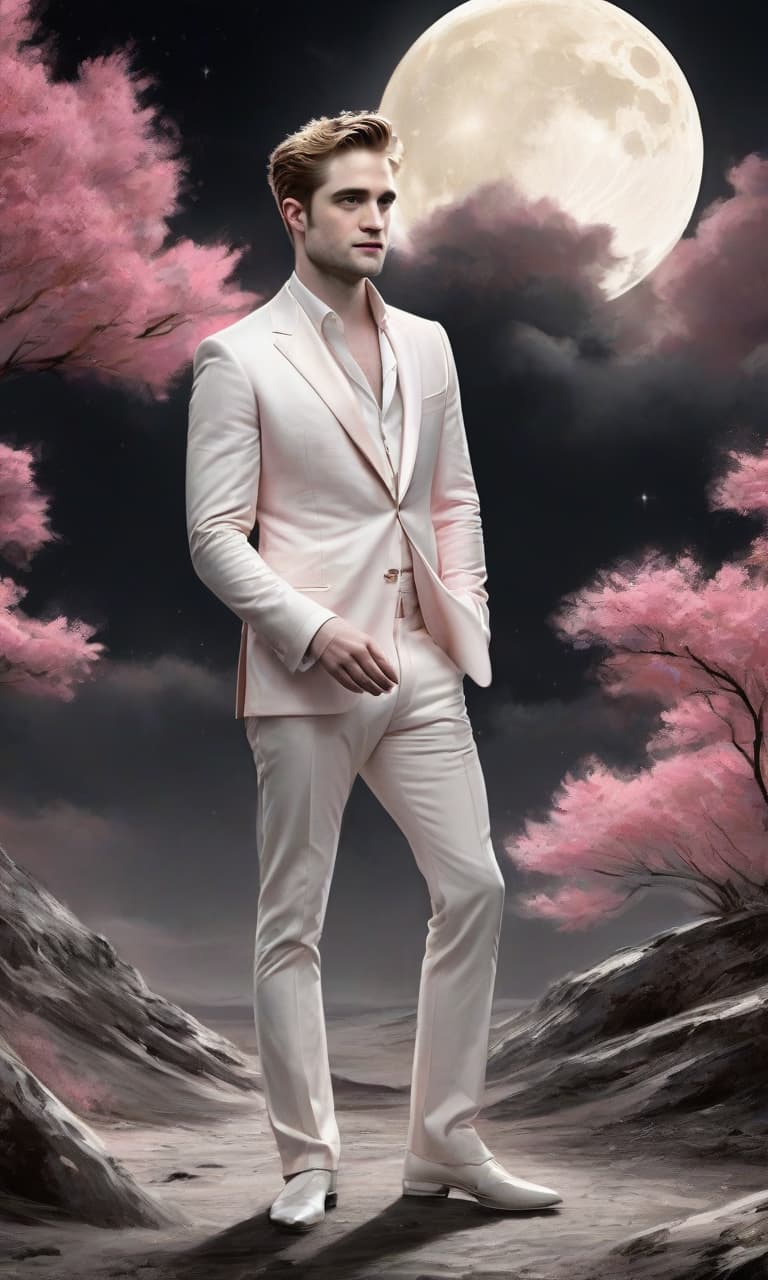  concept art pink, gold, black, white moonlight robert pattinson to the waist behind . digital artwork, illustrative, painterly, matte painting, highly detailed, perfect hands