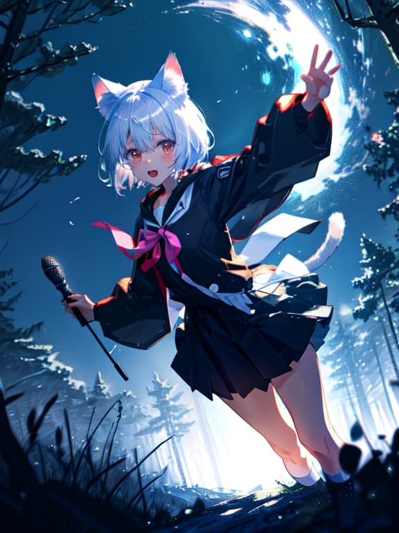  master piece, best quality, ultra detailed, highres, 4k.8k, cute , cat ears, silver short hair, headphones, no skin, striking a dynamic pose, adorable and confident expression, break a cute with cat ears and silver short hair wearing headphones and a dynamic pose in a magical cloak., magical forest clearing, headphones, magical cloak, forest scenery, microphone, break enchanting and vint, soft lighting, slight magical glow,