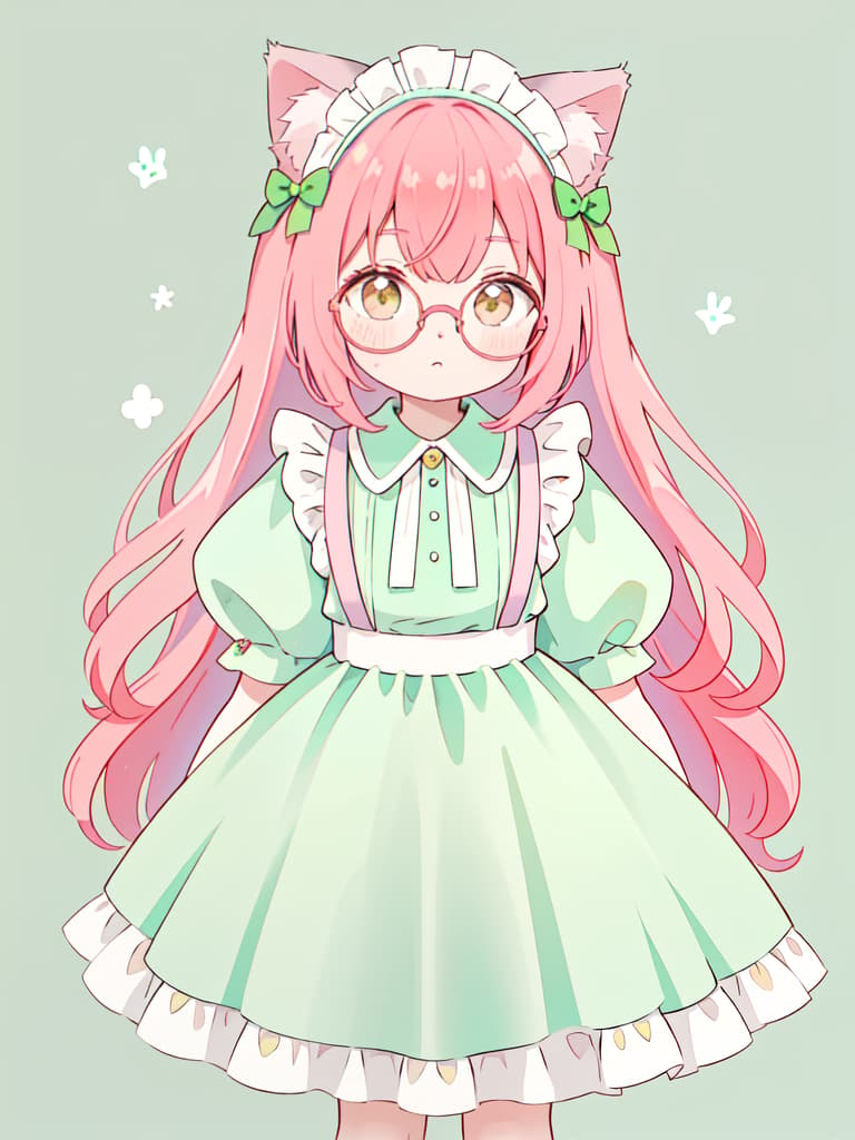  cat ears, brown eyes, standing picture, round glasses, no background, whole body, mint green maid clothes, red pink hair bob, masterpiece, best quality,8k,ultra detailed,high resolution,an extremely delicate and beautiful,hyper detail