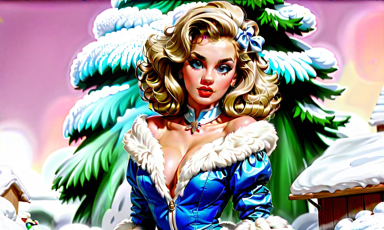  automotive advertisement style "create a painting in the pin up style featuring a young woman with a cute face and makeup. she has light hair styled with large white bows on the sides, from which curly hair flows down. the woman is dressed in a short blue fur coat with a fluffy white fur collar, which accentuates her figure. her arms are extended along her body to mid thigh, with her wrists flared out to the sides. she wears nylon stockings and long white leather high heeled boots, standing as if on her toes. the scene depicts her standing straight in the snow, appearing to shiver from the cold, surrounded by snow and snowdrifts. to her right, there is a fluffy green christmas tree adorned with colorful ornaments and twinkling lights. the s