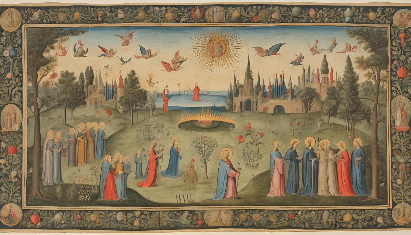  on parchment, surrealism++, a serene garden in twilight, figures in modest robes receiving glowing crowns from celestial beings, sense of reward and recognition, peaceful, triumphant(mysterious, provocative, symbolic)++