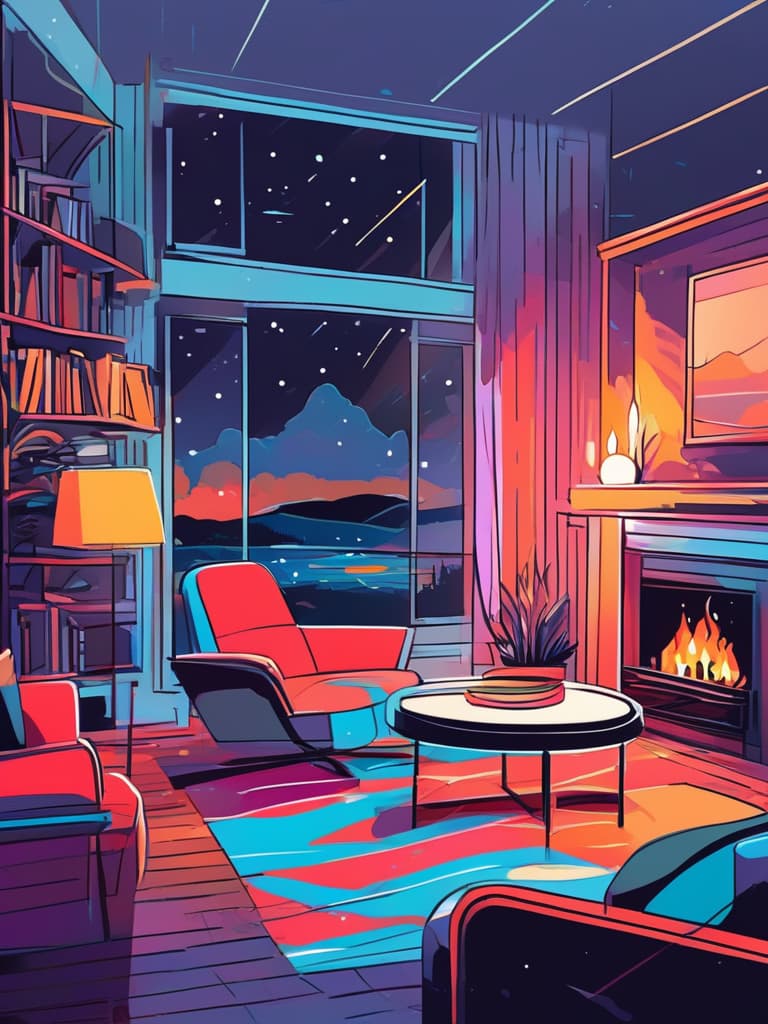  line art drawing cozy winter night, fireplace, warm flames, soft carpet, comfortable pillows, endless warmth, comfort, indoor setting, digital illustration, cozy art style, bob ross, monet, studio lighting, soft light, warm color palette, medium shot, ee 70mm lens, detailed, realistic, high resolution.. professional, sleek, modern, minimalist, graphic, line art, vector graphics