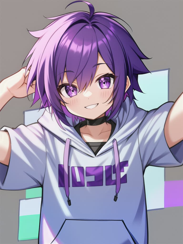  Short, hoodie, purple hair, cute, smile, boy, happy, short, cute, masterpiece, best quality,8k,ultra detailed,high resolution,an extremely delicate and beautiful,hyper detail