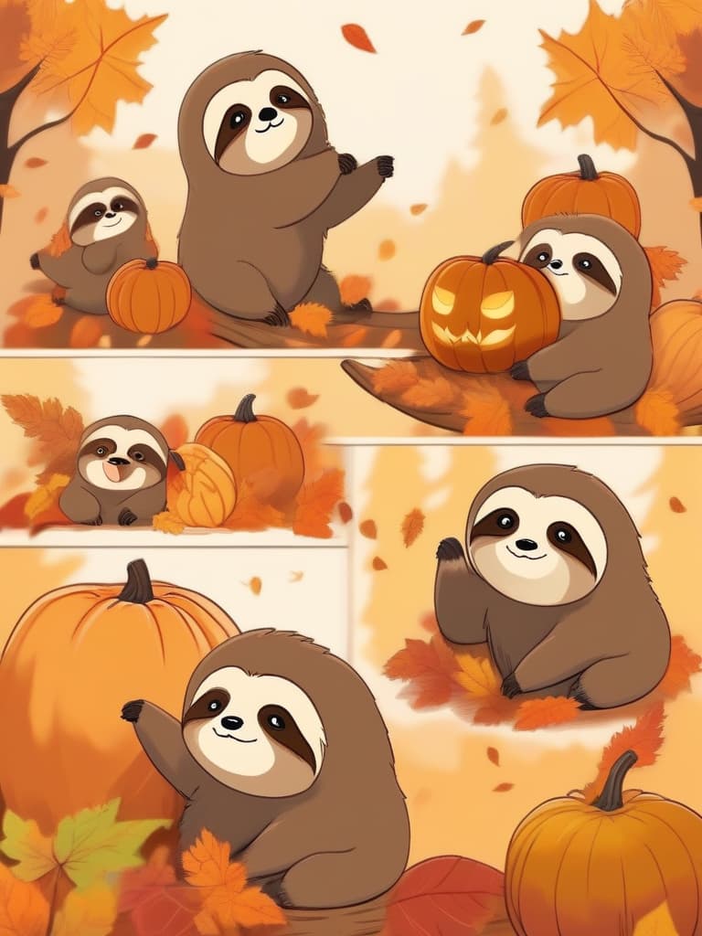  a masterpiece,{text:(thanks! 4000!)}:2.0,one cute sloth,pumpkin🎃,autumn leaves🍁,halloween,