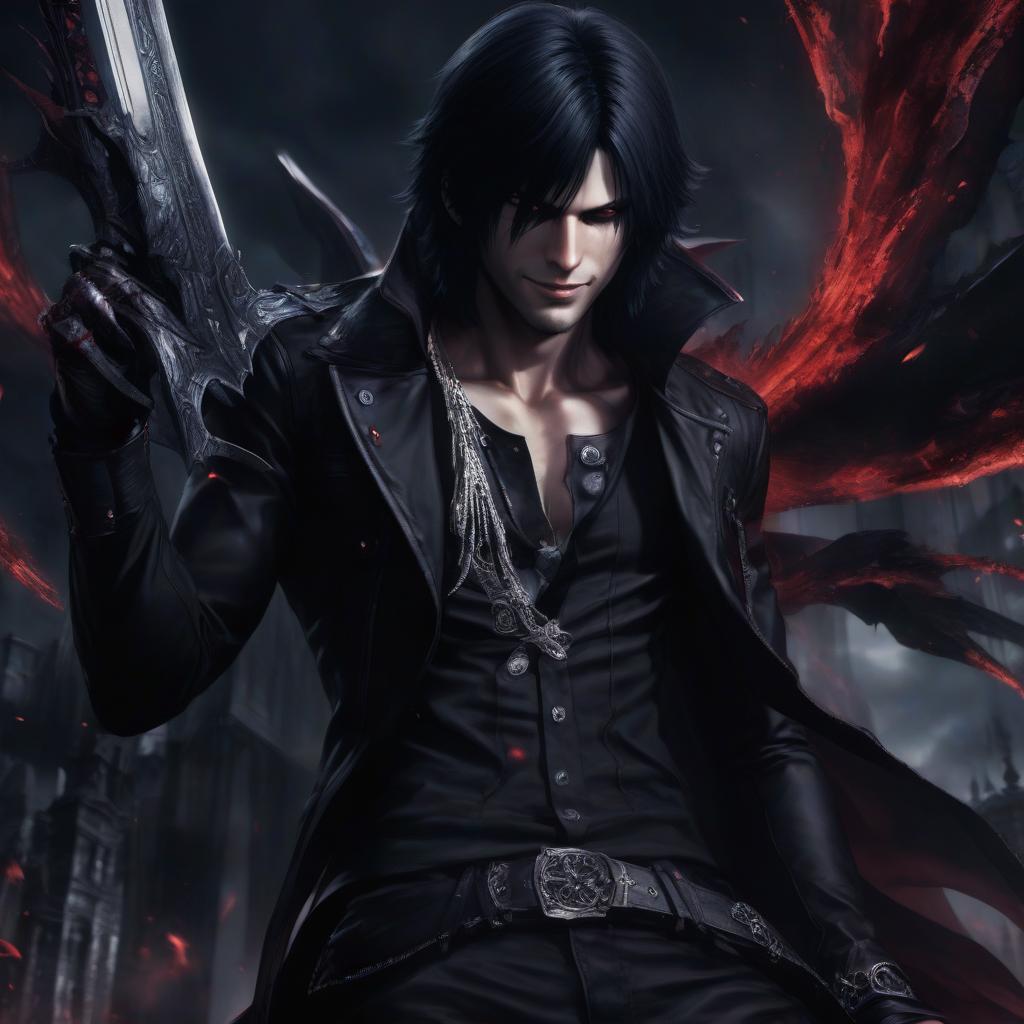  dante devil may cry in dark fantasy dark colors with black hair very pure white skin very crazy smile big black eyes long black hair outfit face focus