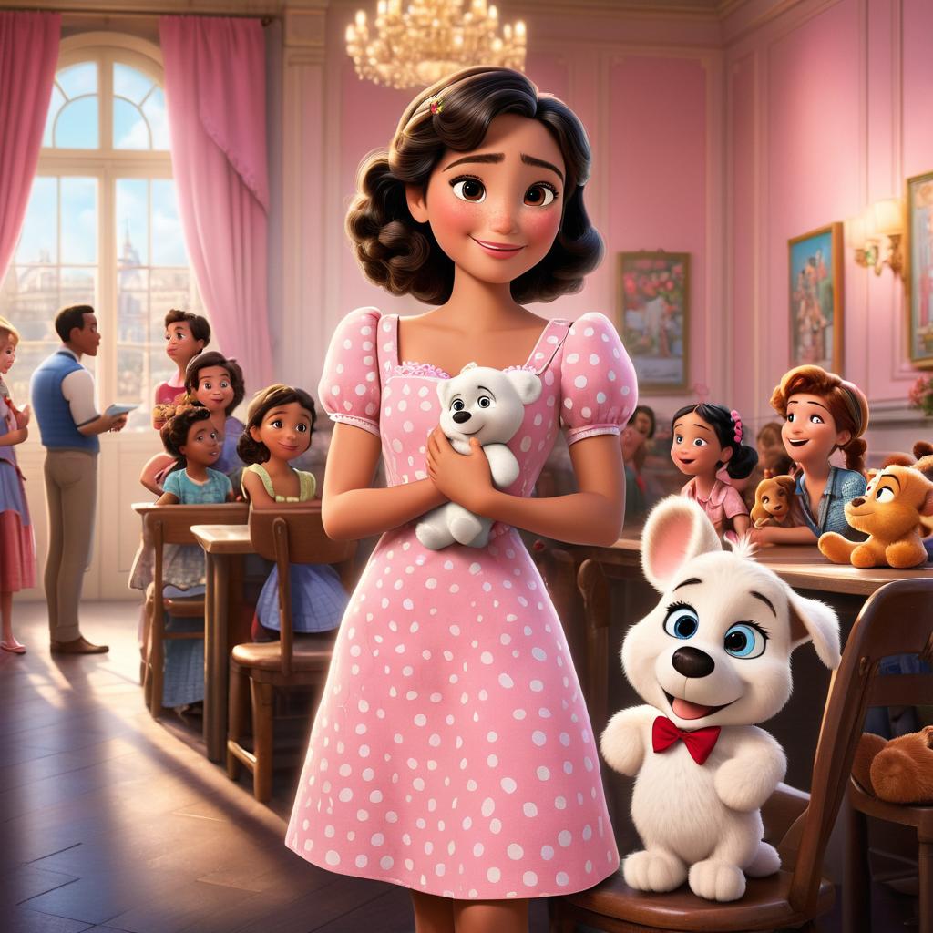  in 3d animated movie style. disney pixar style. paris, in pink dress with white polka dots, holds coco, her stuffed toy. mrs. lily, , kind and cheerful, in a flowery dress, observes proudly. clroom during show and tell, small chairs, desks, blackboard in background, drawings on walls. high resolution pixar 3d animated film style with lifelike textures. bright, soft lighting creating warm, inviting atmosphere. low angle perspective on paris and coco, mrs. lily in background, emphasizing emotional connection.