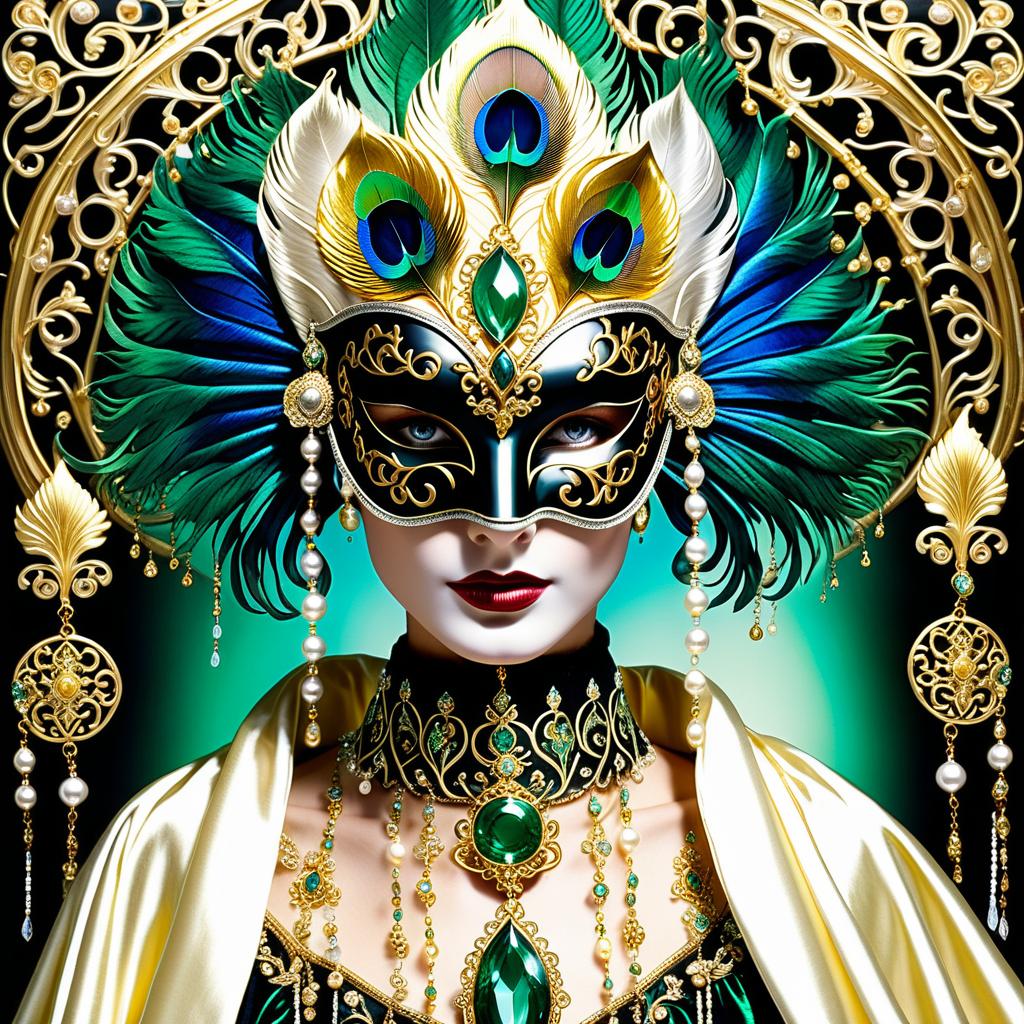  dreamscape (background):black silk cloak, topazes, rubies, emeralds, gold candlestick with white gold flame. ((the eye slits reflect the contours of the palaces and canals of venice1,9)). ((half mask columbine) a mask covering only part of the face. silver mask:with gold patterned ornamentation. colours:light green, blue, pearl cream, peacock feathers, gold and silver beads, gold leaf, gemstones, venetian lace, rhinestones, beads. (style):fantasy, renaissance, dream, mystery, mystery, dream, italy, venice, barcarolle, minestrel. . surreal, ethereal, dreamy, mysterious, fantasy, highly detailed