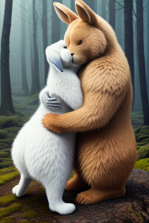  Bunny hugging bear hyperrealistic, full body, detailed clothing, highly detailed, cinematic lighting, stunningly beautiful, intricate, sharp focus, f/1. 8, 85mm, (centered image composition), (professionally color graded), ((bright soft diffused light)), volumetric fog, trending on instagram, trending on tumblr, HDR 4K, 8K