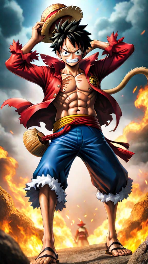  an anime image of monkey d. luffy from one piece in his terrifying gear 5 transformation. hyperrealistic, full body, detailed clothing, highly detailed, cinematic lighting, stunningly beautiful, intricate, sharp focus, f/1. 8, 85mm, (centered image composition), (professionally color graded), ((bright soft diffused light)), volumetric fog, trending on instagram, trending on tumblr, HDR 4K, 8K