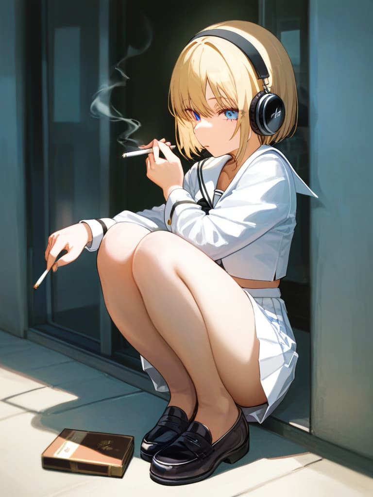  s wearing black tights, headphones, black loafers, whole body, blue eyes , blonde bob cut , white pleated , white sailor suit, tobacco, to cigarettes, purple on the left . a with a rose tattoo, a smoking cigarettes, a spider web on the left arm, masterpiece, best quality,8k,ultra detailed,high resolution,an extremely delicate and beautiful,hyper detail