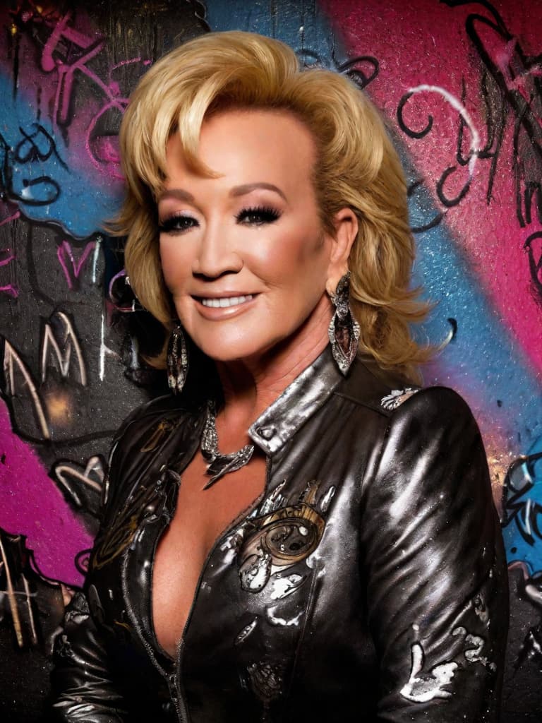  A younger country singer Tanya Tucker, medium shot, upper body, spotlight, long exposure lighting, street art style spray paint, glamour lighting