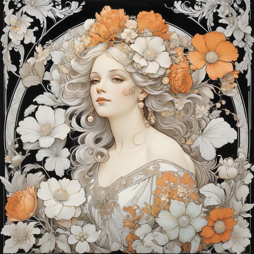  coloring book. flowers. two colors: black, white. pearls. some multicolored porridge. luminous pearls. alfonso mucha, honoré fargonard.