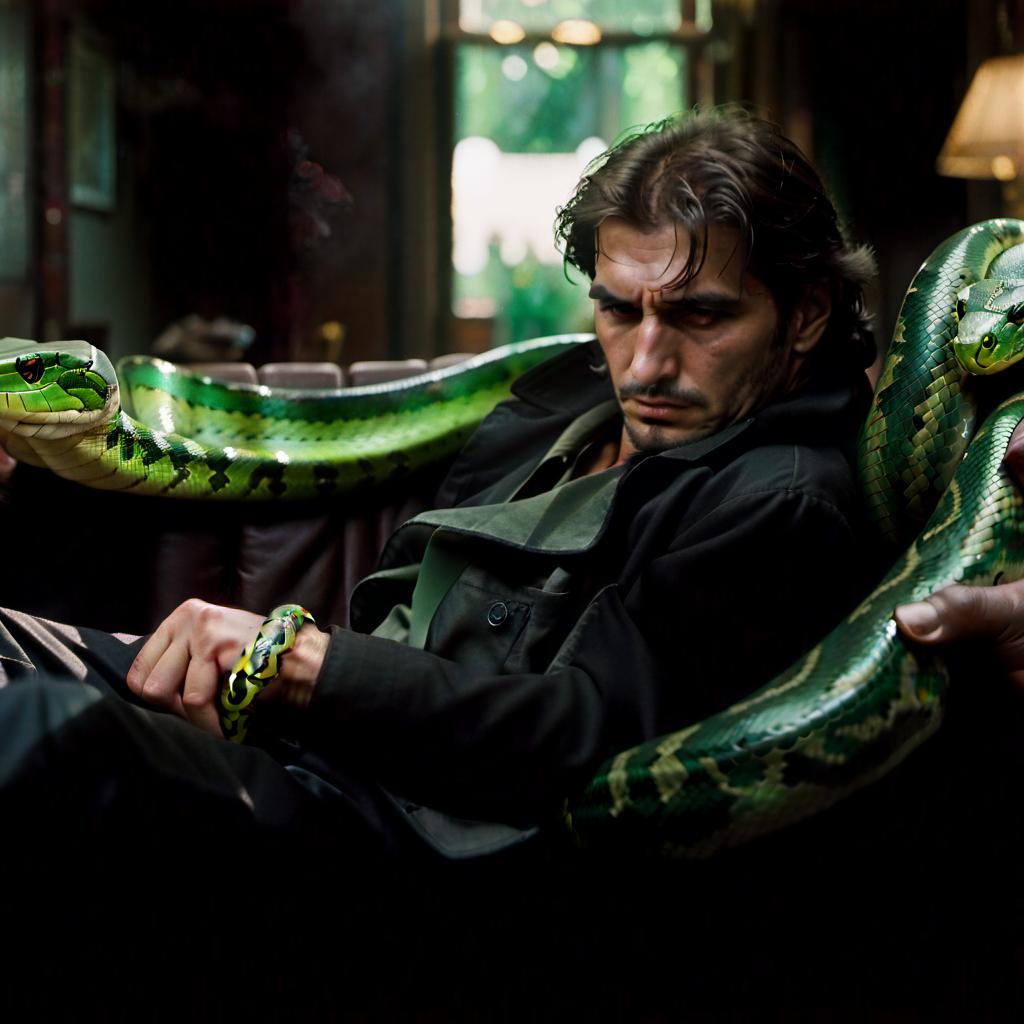  cinematic photo from a distance overlooking the interior, a grown up mafia guy who sleeps sitting and whose body is wrapped around by a green snake . 35mm photograph, film, bokeh, professional, 4k, highly detailed, film photography style