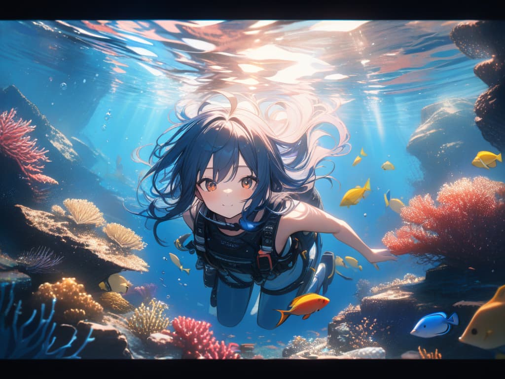  cute, cute, blue haired shortcut girls, scuba, tropical fish, corals, under sea, fun, fun, see the sun from underwater, masterpiece, best quality,8k,ultra detailed,high resolution,an extremely delicate and beautiful,hyper detail