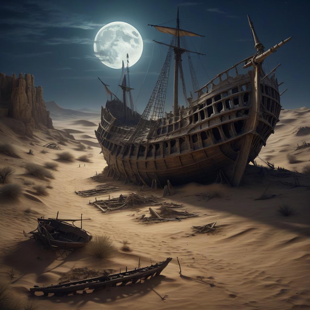  photorealism. ruins of a medieval sailing ship in the moonlight in the desert, many skeletons lie nearby.