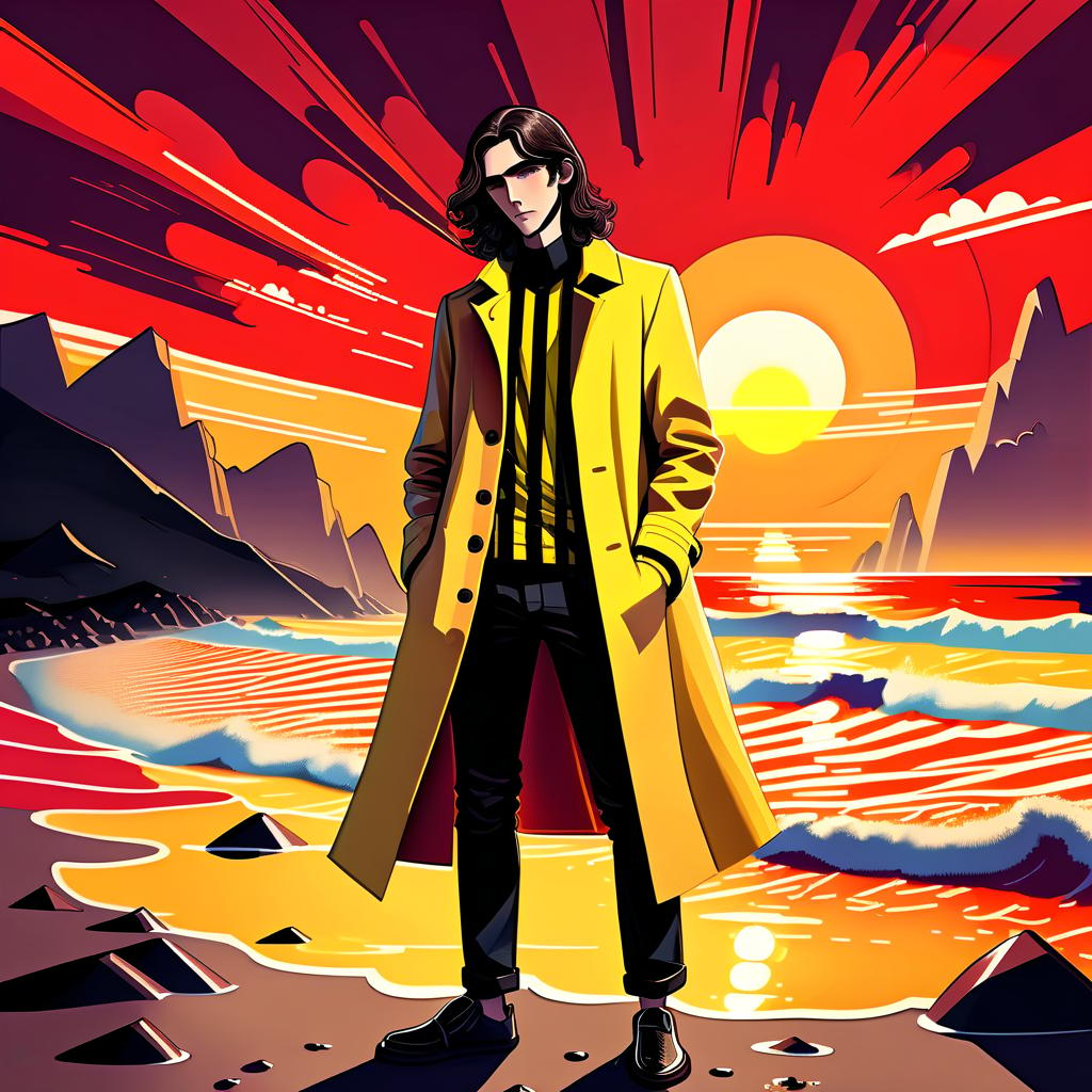  psychedelic style a young man stands on the beach. he has long dark brown hair that gently falls on his shoulders, and his face, with jewish and slavic features, exudes calmness with brown eyes. he is dressed in a bright yellow coat that immediately attracts attention and contrasts with the surrounding landscape. under the coat is a black shirt, and black pants are additionally decorated with yellow elements, creating a harmonious and stylish image. the sun sets over the horizon, shrouding everything around in red shades, and bright red stripes lie on the surroundings contrasting with the darkness and creating a magical atmosphere. . vibrant colors, swirling patterns, abstract forms, surreal, trippy