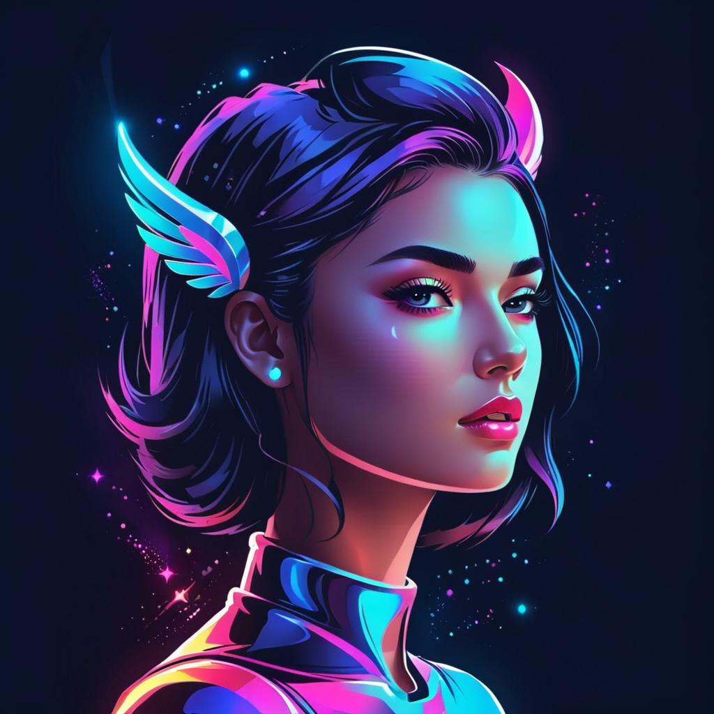  a girl who is half angel half demon galaxy, (logo), advanced, high tech, sleek, sci fi, abstract, digital elements, metallic, neon colors, progressive